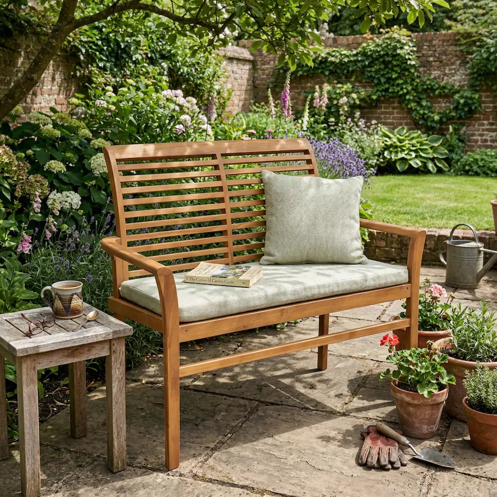 Outdoor Wood Garden Bench in British Garden Patio
