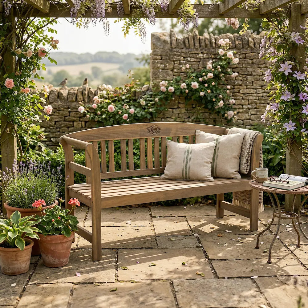 Outdoor Wood Garden Bench in British Garden Patio