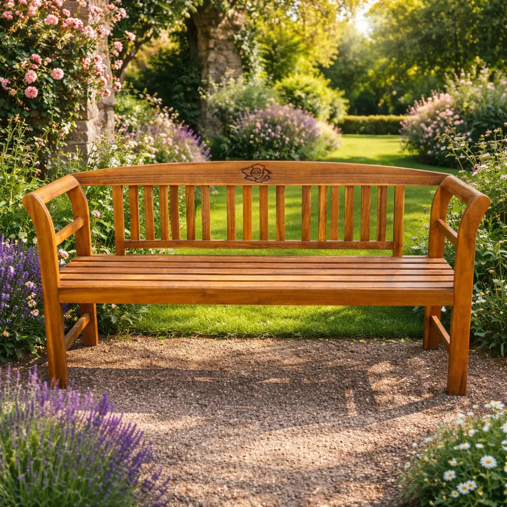 Close-up of a rose-carved wooden garden bench on a gravel garden path.