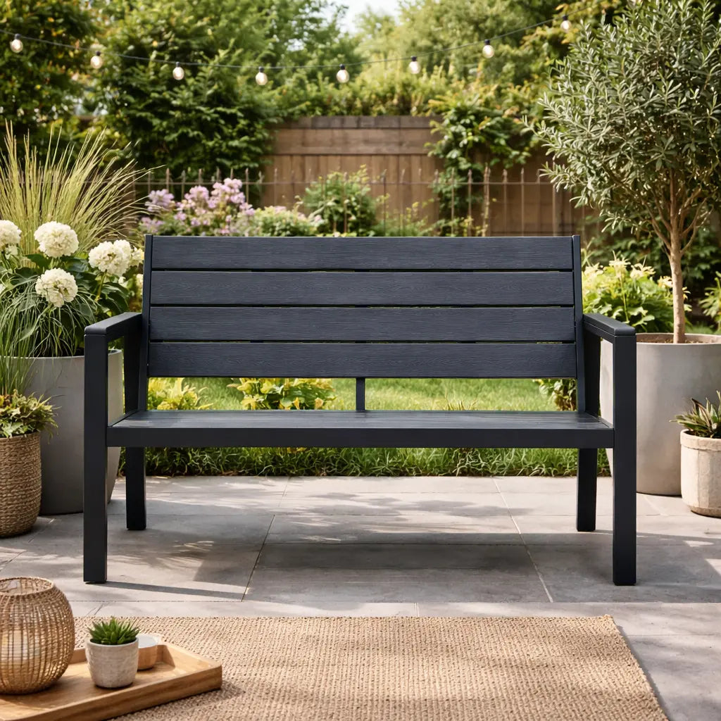 Black 2 Seater Plastic and Steel Garden Bench on Patio Garden