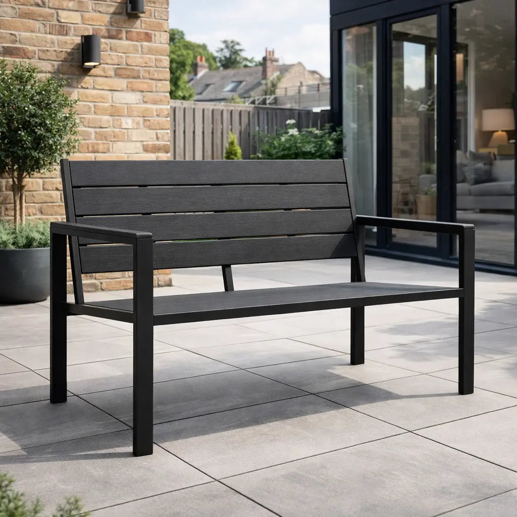 Black 2 Seater Plastic and Steel Garden Bench on Patio