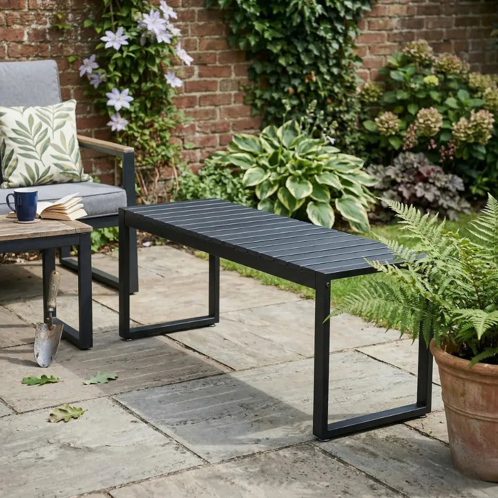 Black 2 Seater PS Board and Iron Garden Bench In Home Garden