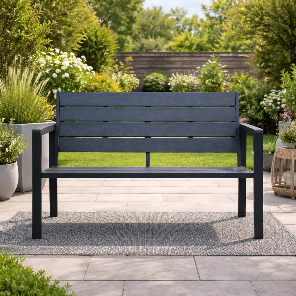 Grey 2 Seater Plastic and Steel Garden Bench on Patio Garden