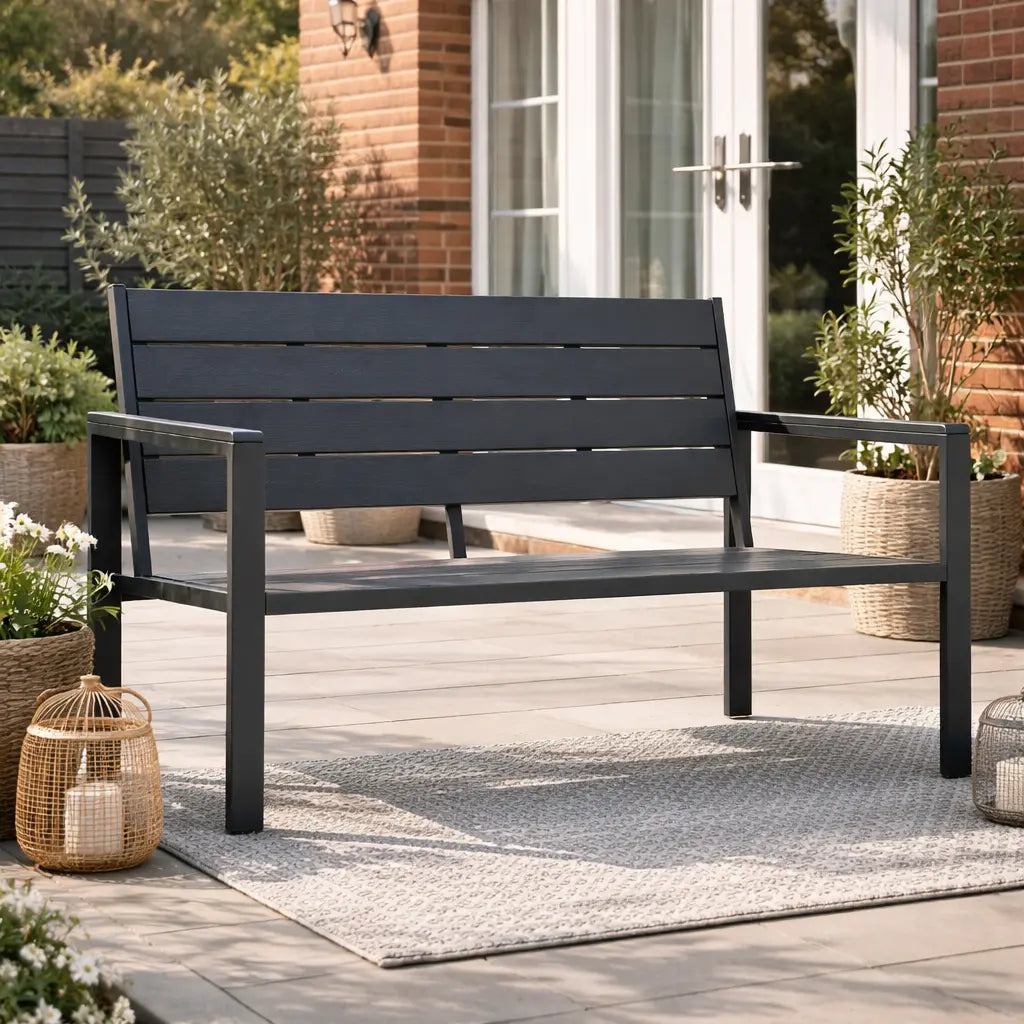 Grey 2 Seater Plastic and Steel Garden Bench on Patio