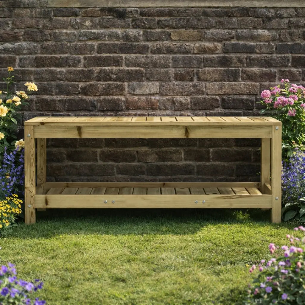 Front View Pine Wood Garden Bench on Grass in Garden