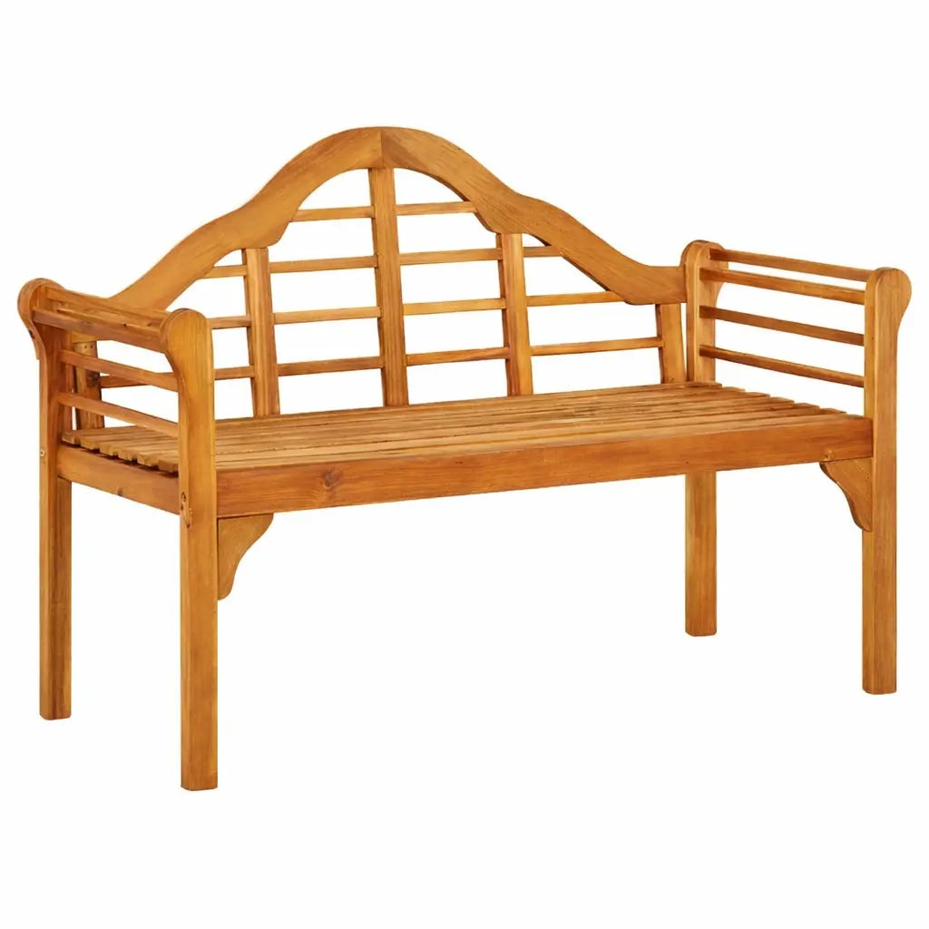 Solid acacia wood garden bench with a curved Lutyens-style backrest, isolated on a white background
