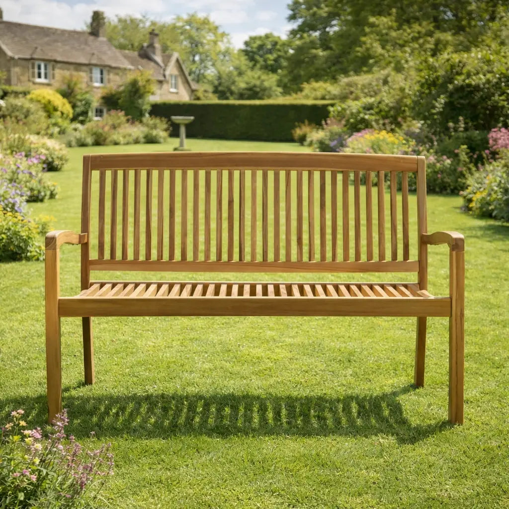 Front View 120cm 2 Seater Teak Wood Garden Bench on Grass in Garden