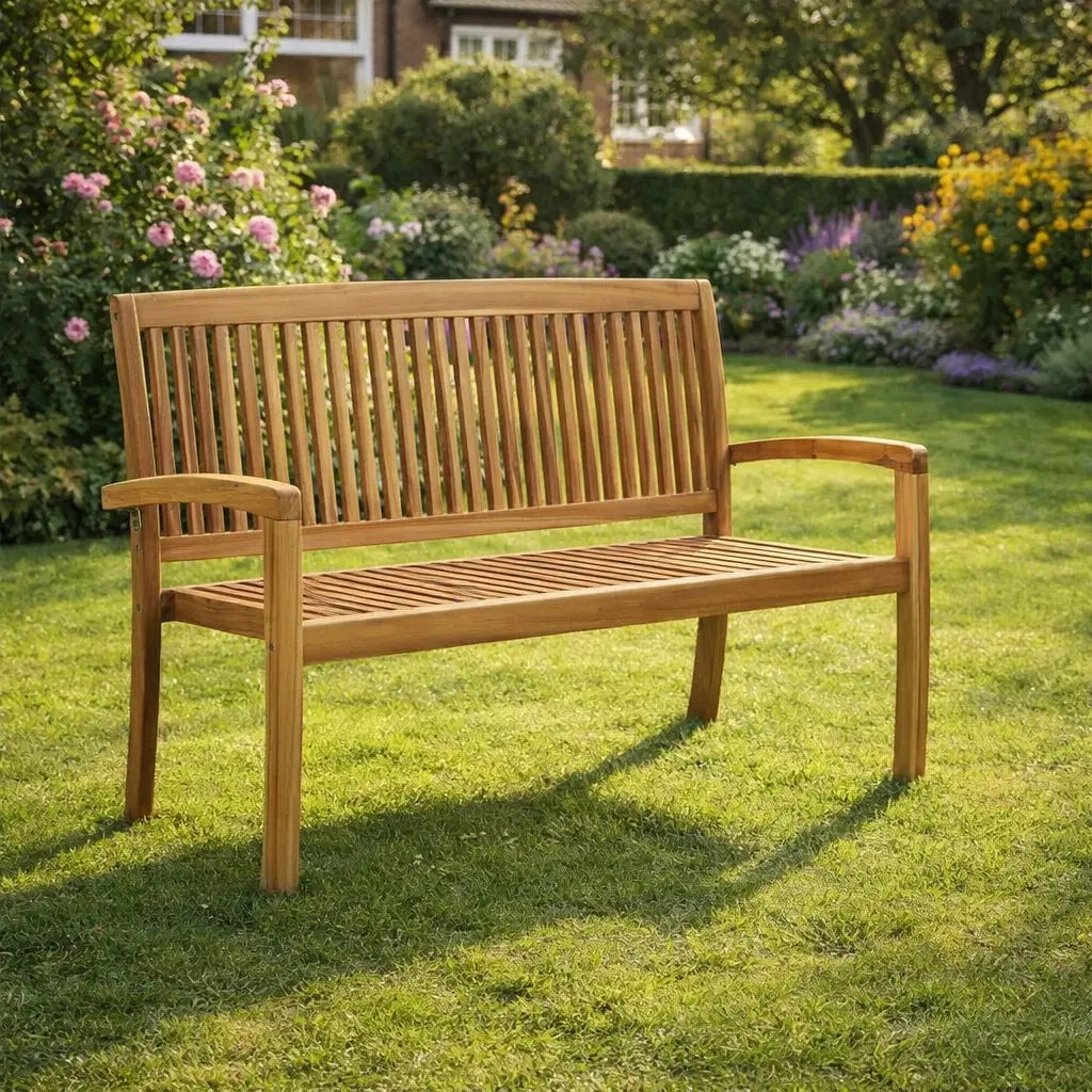 120cm 2 Seater Teak Wood Garden Bench on Grass in Garden