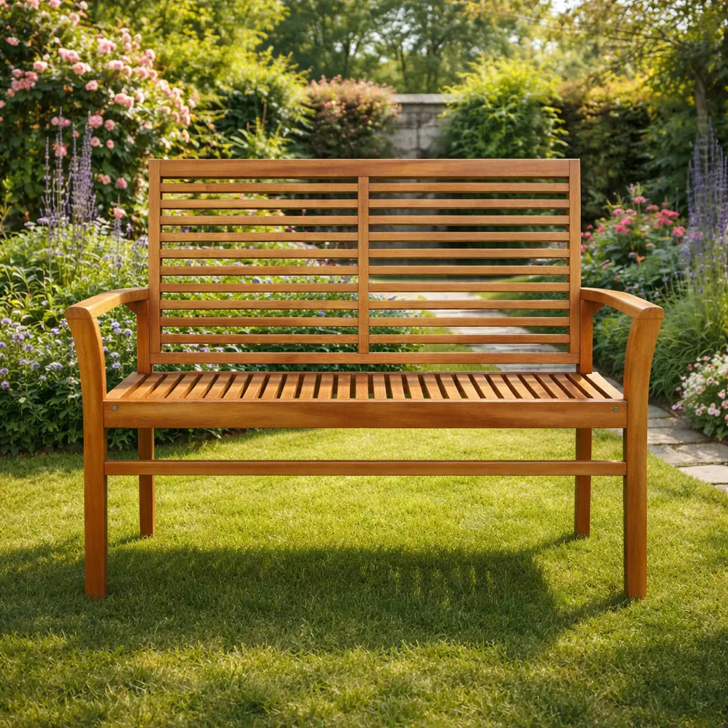 Front View of 2 Seater Teak Wood Garden Bench on Grass in Garden