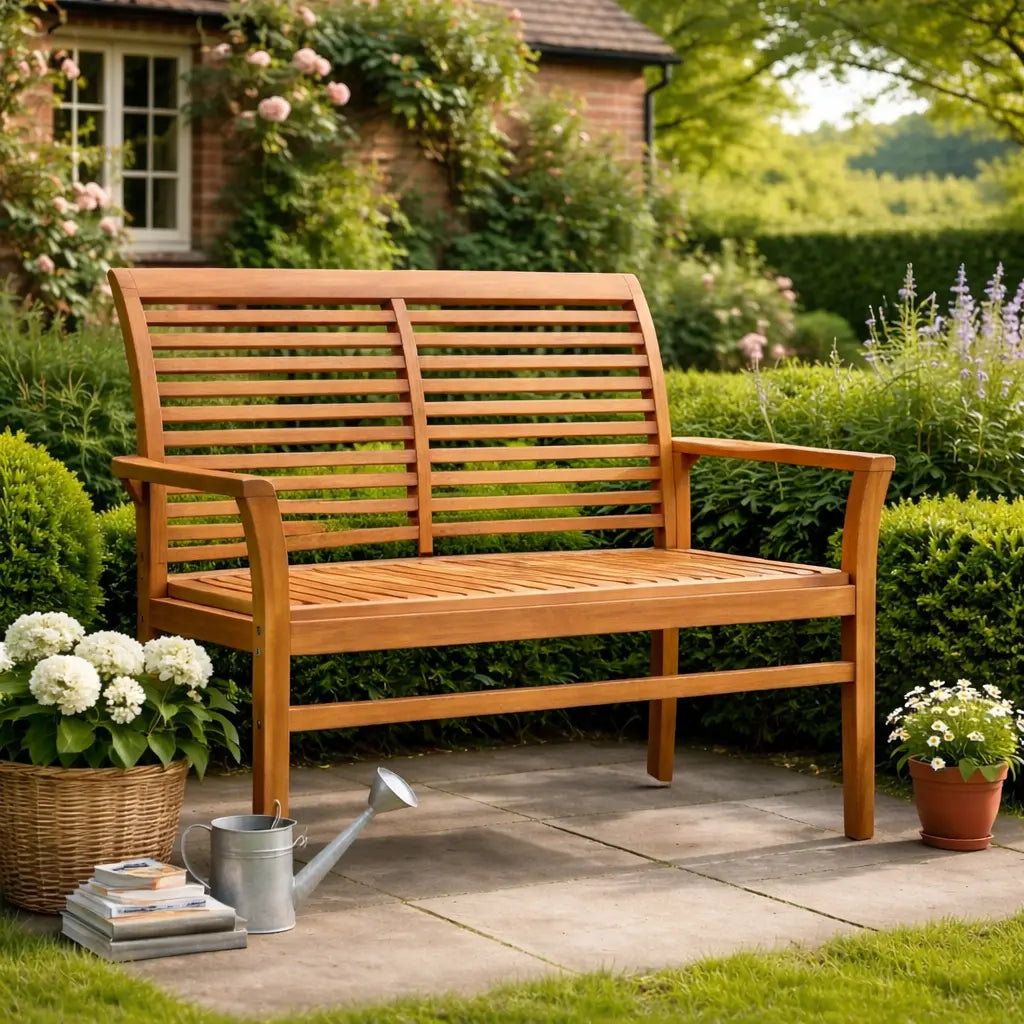 2 Seater Teak Wood Garden Bench on Grass in Garden