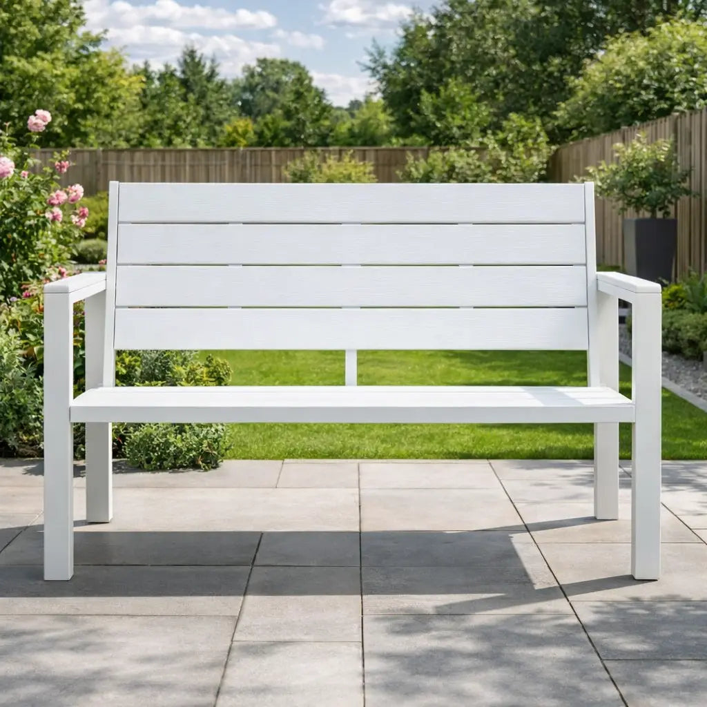 White 2 Seater Plastic and Steel Garden Bench on Patio Garden