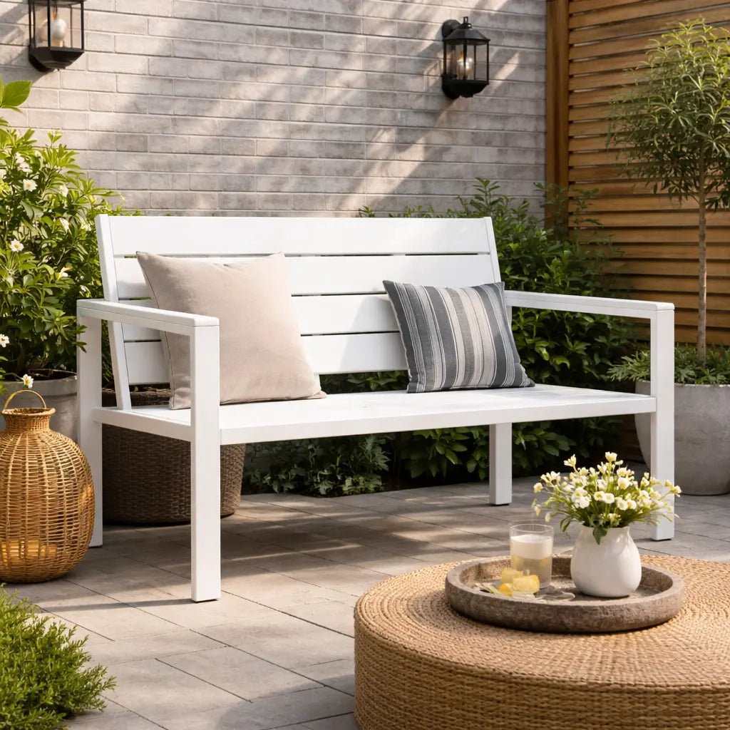 White 2 Seater Plastic and Steel Garden Bench on Patio