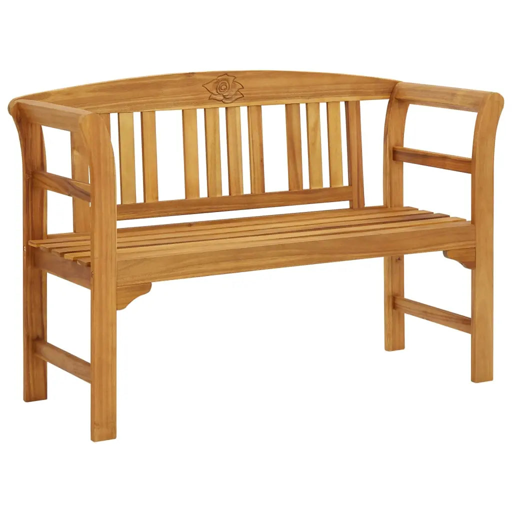 Solid acacia wood garden bench with rose detail, side angle.