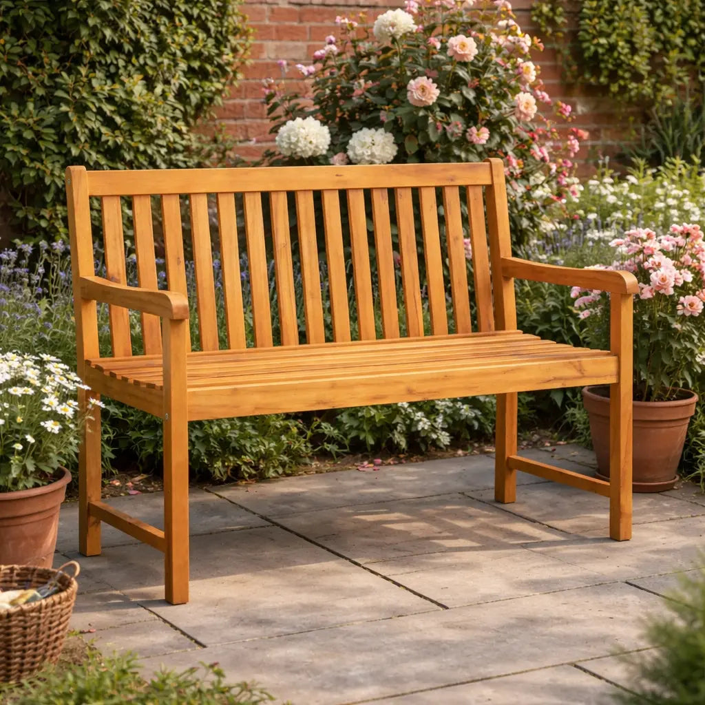 Traditional wooden garden bench positioned on a stone patio surrounded by rose bushes and garden greenery